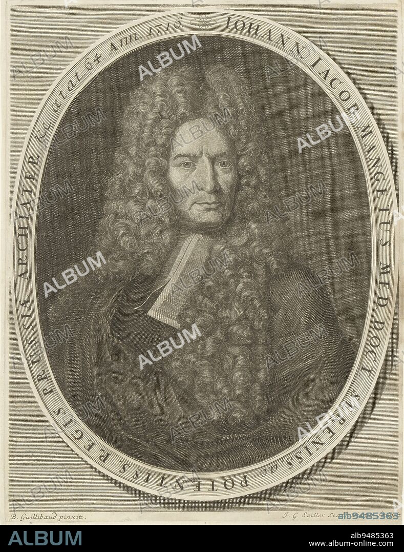Portrait of Jean-Jacques Manget, Johann Georg Seiller, after Barthemy Guillibaud, 1673 - 1740, print maker: Johann Georg Seiller, (mentioned on object), after: Barthemy Guillibaud, (mentioned on object), Schaffhausen, 1673 - 1740, paper, engraving, h 280 mm - w 214 mm.