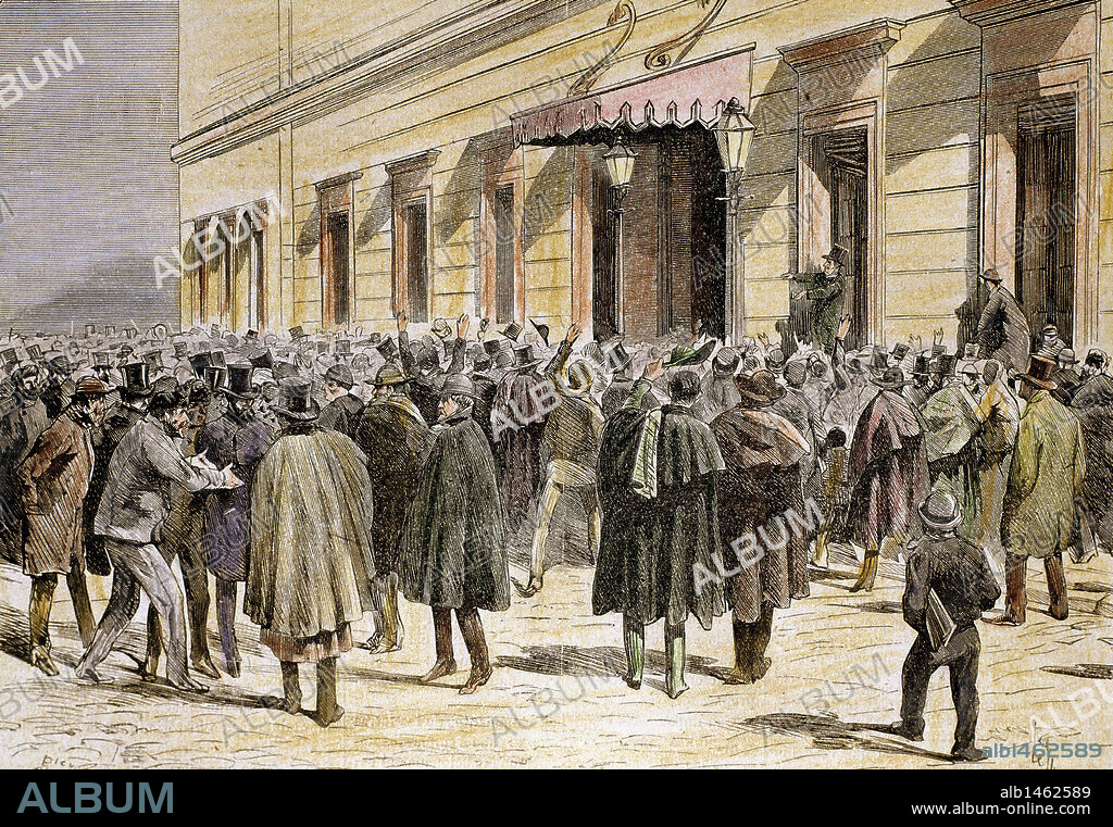 PRIMERA REPUBLICA ESPAÑOLA (11 de febrero de 1873-3 de enero de 1874). "EXTERIOR DEL CONGRESO DE LOS DIPUTADOS EN MADRID EN LA TARDE DEL 10 DE FEBRERO DE 1873. EL DIPUTADO SR. ESTANISLAO FIGUERAS, POSTERIORMENTE PRESIDENTE DEL PODER EJECUTIVO, SE DIRIGE AL PUEBLO DESDE UNA VENTANA DEL CONGRESO". Grabado coloreado del s. XIX. España.
