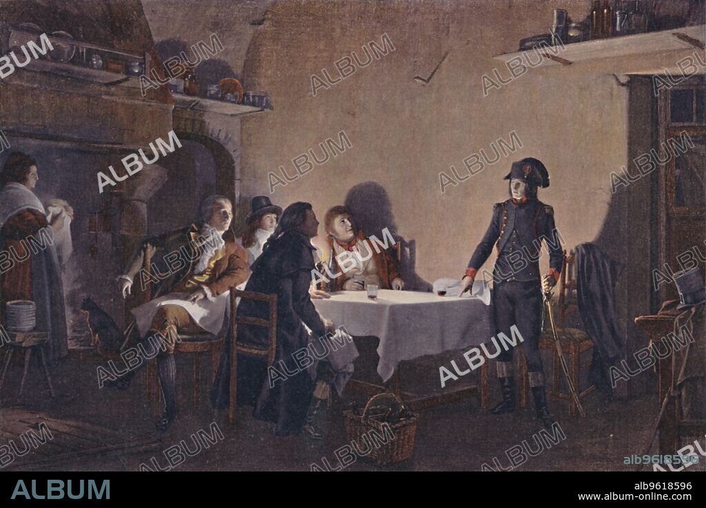 'The Supper of Beaucaire', 1793, (1896). Le souper de Beaucaire was a political pamphlet written by Napoleon Bonaparte (1769-1821) in 1793, after he shared supper and conversation with four merchants in a tavern in Beaucaire in the South of France. Typogravure after the painting made c1860-1896 by Jean-Jules-Antoine Lecomte-Du-Nouy. From Life of Napoleon Bonaparte, Volume I, by William Milligan Sloane. [The Century Co., New York, 1896].