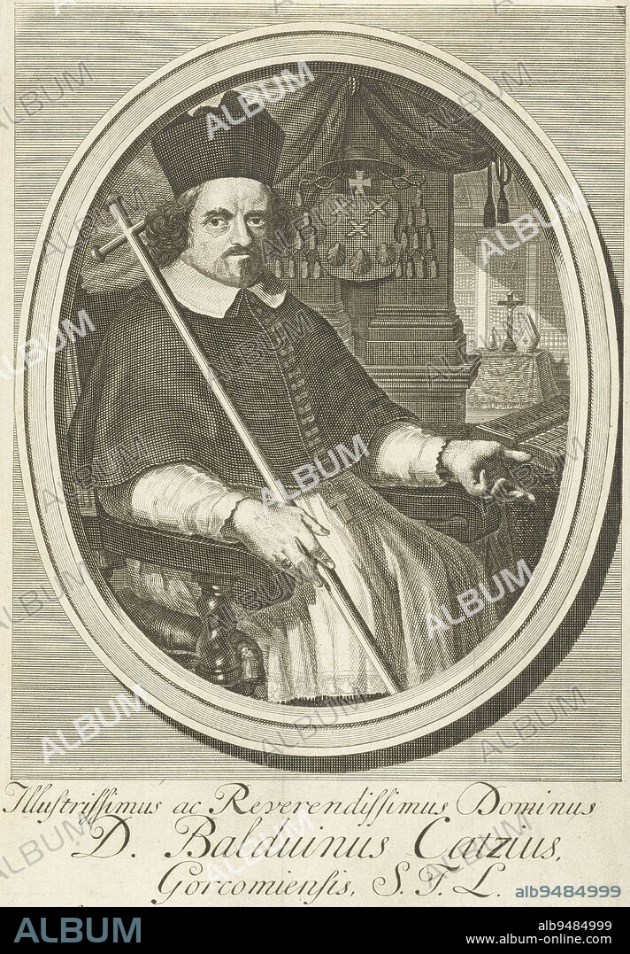 Portrait of Apostolic Vicar Balduinus Cats, Archbishop of the Phillipines, in oval frame. Behind him his coat of arms and on the table a bishop's miter in reference to his office. Portrait of Apostolic Vicar Balduinus Cats Illustrissimus ac Reverendissimus Dominus D. Balduinus Catzius Gorcomiensis, S.I.L. Archiepiscopus {hilippensis et per Faederatum Belgium Vicarius Apostolicus, Lovany defunctus 15 Kal.Iun.Ao 1663 , print maker: François van Bleyswijck, unknown, Leiden, 1681 - 1726, paper, etching, engraving, h 244 mm × w 160 mm.