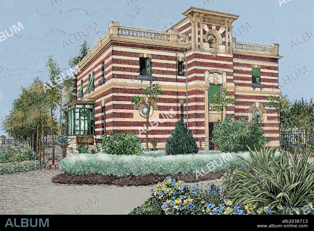 Victor Balaguer Cirera (1824-1901). Spanish politician and writer. Annexed villa to the Museum Library, residence of Victor Balaguer in Villanova i la Geltru, Catalonia. Engraving of The Illustration, 1890. Colored.