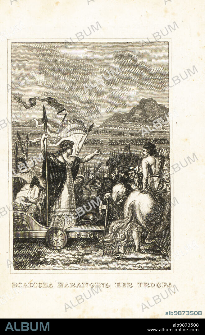 Queen Boudica leading the Britons against the Roman Empire at the Battle of Watling Street, 60AD. On a war chariot, Boudica speaks in front of the Celtic Iceni and Trinovantes tribes. Boadicea haranging her troops. Copperplate engraving from M. A. Jones History of England from Julius Caesar to George IV, G. Virtue, 26 Ivy Lane, London, 1836.