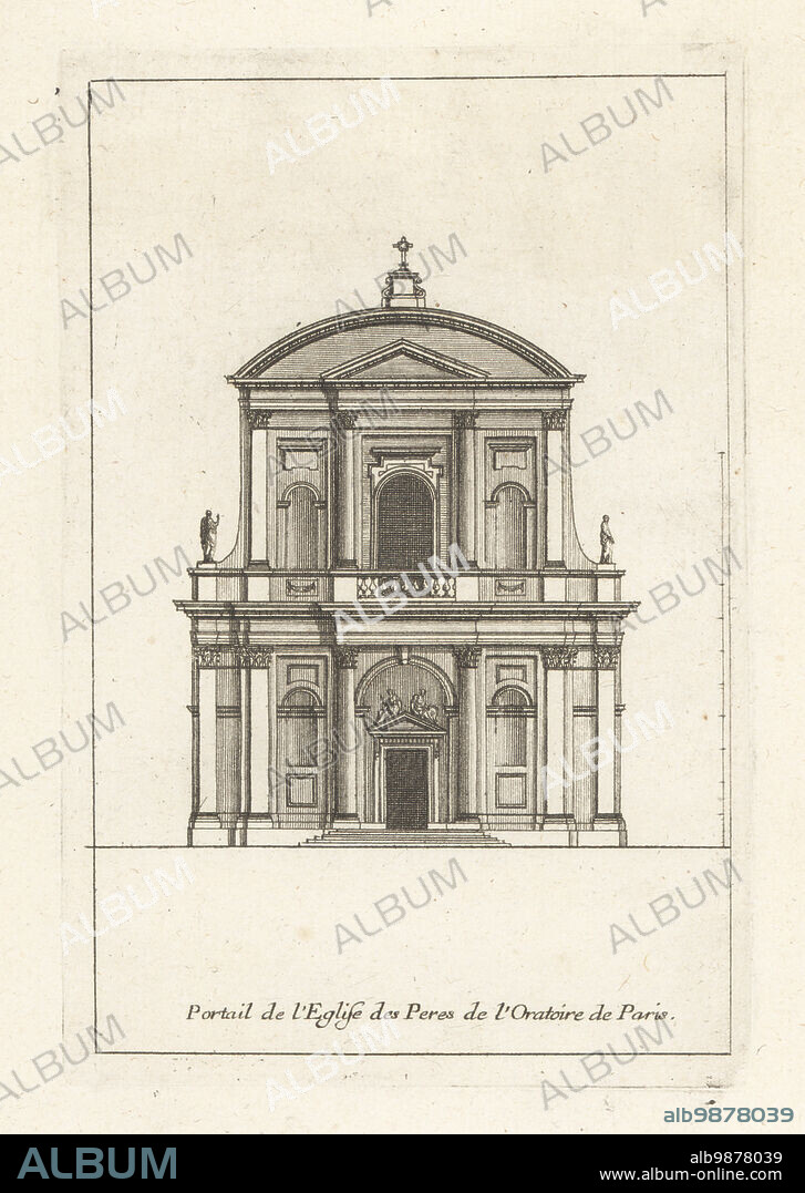 Front of the Church of the Oratoire du Louvre, as originally designed by the architects Clement Metezeau and Jacques Lemercier in the 17th century. Never finished and later rebuilt. Portail de l'Eglise des Peres de l'Oratoire de Paris. Copperplate engraving drawn and engraved by Jean Marot from his Recueil des Plans, Profils et Elevations de Plusieurs Palais, Chasteaux, Eglises, Sepultures, Grotes et Hotels, Collection of Plans, Profiles and Elevations of Palaces, Castles, Churches, Tombs, Grottos and Hotels, chez Mariette, Paris, 1655.
