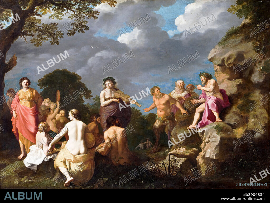 CORNELIUS VAN POELENBURGH. The Musical Contest between Apollo and Marsyas. Date/Period: 1630. Painting. Oil on panel. Height: 560 mm (22.04 in); Width: 770 mm (30.31 in).