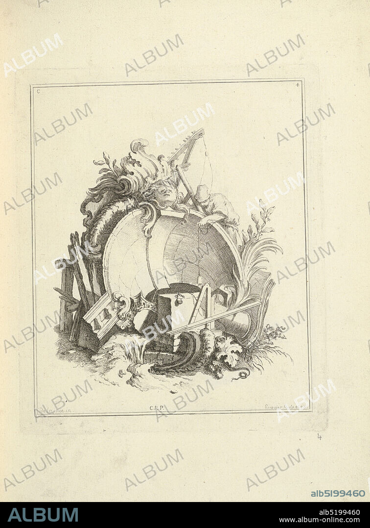 Design for a Cartouche Representing Architecture, Jacques de Lajoüe, French, 16871761, Gabriel Huquier, French, 16951772, Engraving on white laid paper, Cartouche representing an allegory of architecture. A young man, upper right, holds a plumb line, which is suspended from and architectural form. A ruler, compass, and architectural elements are on the ground. A mask surmounts the cartouche., France, 1740, ornament, Print, Print.
