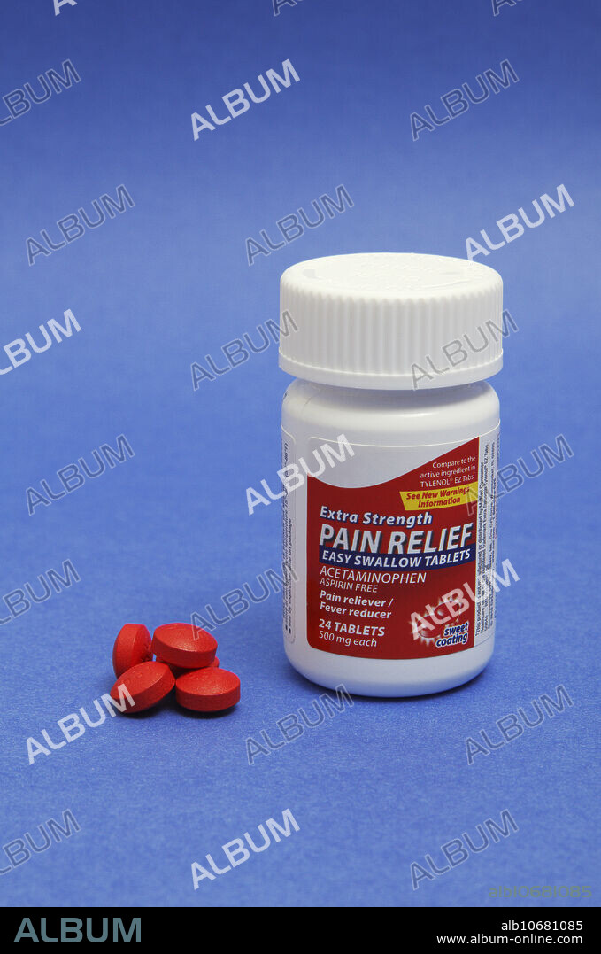 Acetaminophen (paracetamol) is a common analgesic and antipyretic. Shown here are coated pills containing 500 mg of acetaminophen. Brand names: Tylenol and many others.