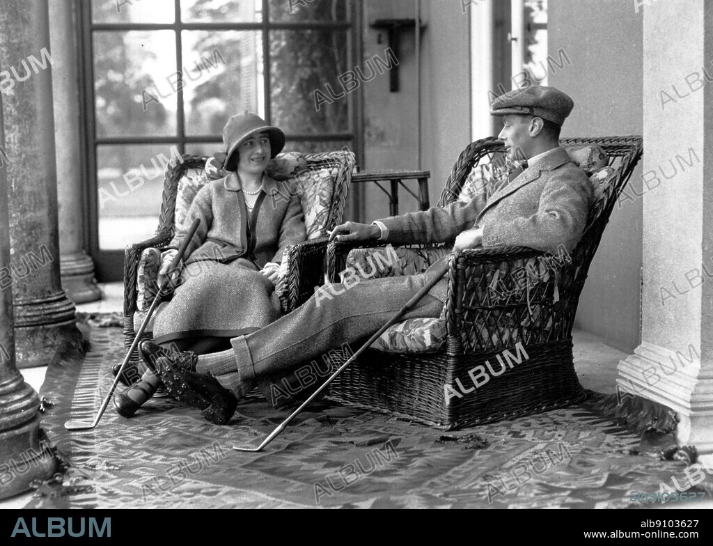 Royal Honeymoon, 1 May 1923, Duke and Duchess of York, Albert and Elizabeth, enjoying a rest after a round of golf. They are the future King George VI and Queen Elizabeth of England.