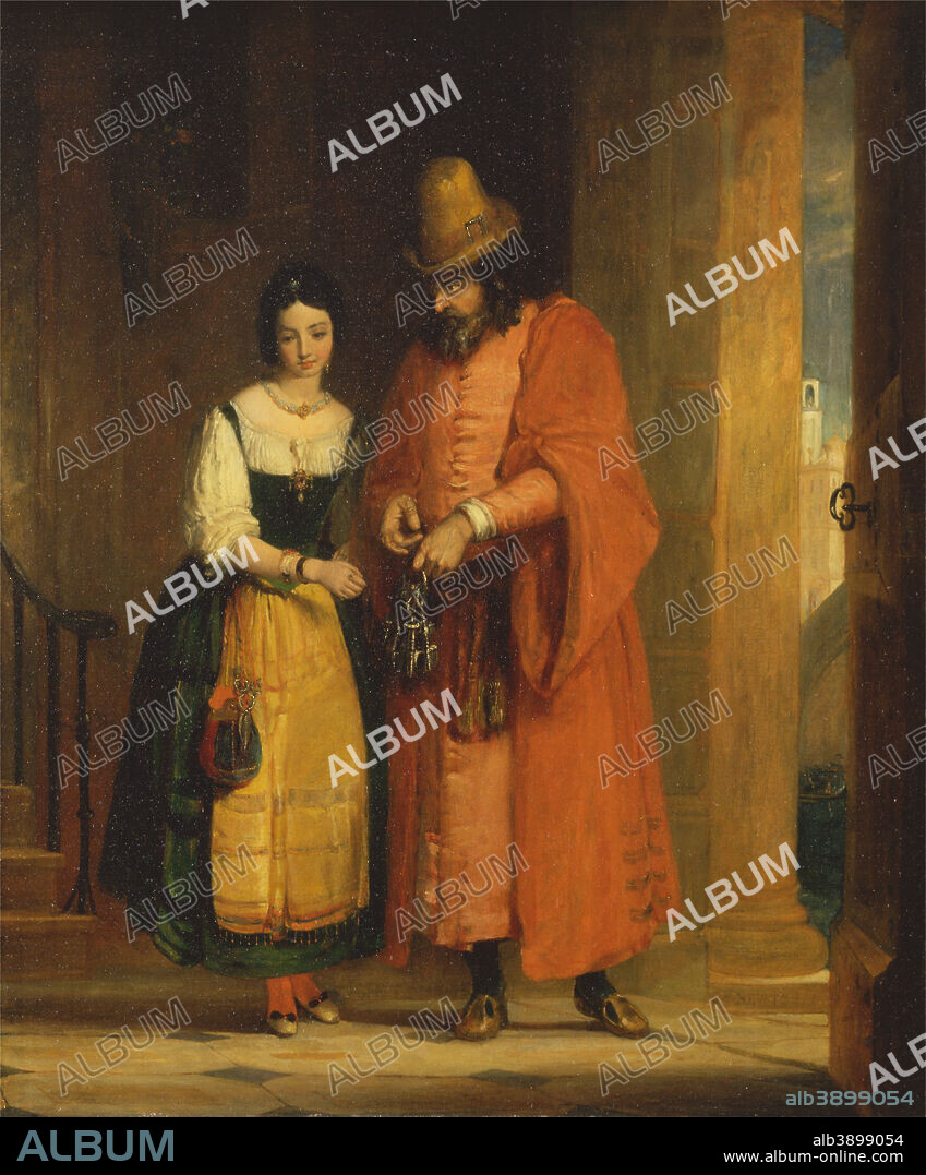 GILBERT STUART NEWTON. Shylock and Jessica from the 'Merchant of Venice,' II, ii. Date/Period: 1830. Painting. Oil on canvas. Height: 889 mm (35 in); Width: 749 mm (29.48 in).