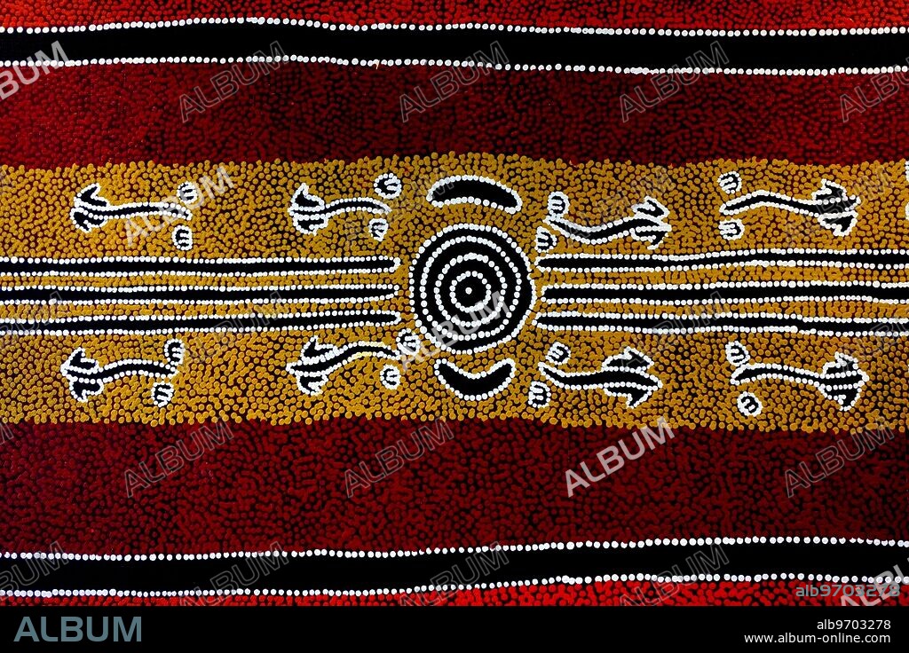ALICE SPRINGS, NT - MAY 29 2019: Indigenous Australian art Dot painting. It's one of the oldest traditional form of art in the world. Paint marks to tell Aboriginal myths and legends.