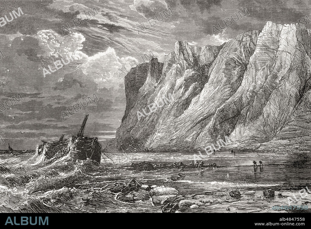 Beachy Head, East Sussex, England, seen here in the 19th century. The cliff is the highest chalk sea cliff in Britain.  From English Pictures, published 1890.