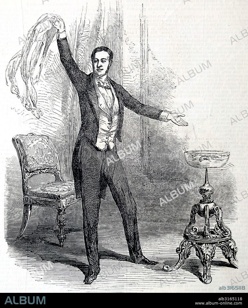 Jean Eugene ROBERT-HOUDIN - 1805-1871'Father of modern conjuring' performing at St James's Theatre, London, December 1848. Employed by French government to destroy the influence of the Dervishes in Algeria by exposing their 'tricks'. Used batteries to give Algerians electric shocks, demonstrating that he had the more powerful 'magic'.