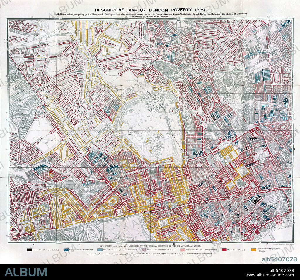 Descriptive map of London poverty, 1889 (north - western sheet). Color code: black (lowest class), dark blue (very poor), light blue (poor), mauve (mixed), light orange (fairly comfortable), red (middle class, orange (wealthy). A poverty map is a map which provides a detailed description of the spatial distribution of poverty and inequality within a country. It combines individual and household (micro) survey data and population (macro) census data with the objective of estimating welfare indicators for specific geographic area as small as village or hamlet. Charles James Booth (March 30, 1840 - November 24, 1916) was an English social researcher and reformer. Booth investigated poverty in London, working with a team of investigators. This research, which looked at incidences of pauperism in the East End of London, showed that 35% were living in abject poverty. This work was published under the title Life and Labour of the People in 1889. A second volume, entitled Labour and Life of the People, covering the rest of London, appeared in 1891.