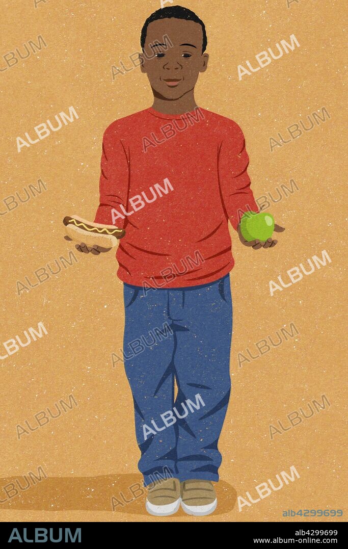 Boy with choice of healthy fruit of unhealthy junk food.