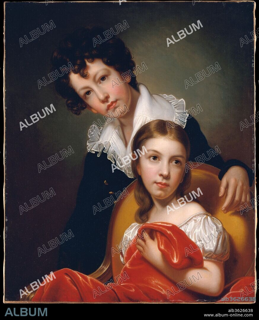 Michael Angelo and Emma Clara Peale. Artist: Rembrandt Peale (American, Bucks County, Pennsylvania 1778-1860 Philadelphia, Pennsylvania). Dimensions: 30 x 25 in. (76.2 x 63.5 cm). Date: ca. 1826.
Peale's studies of French Neoclassical painting during a sojourn in Paris (1808-10) helped him to break free from the British eighteenth-century conventions that he had learned from his portraitist father, Charles Willson Peale. Peale's resplendent palette, along with his ability to render warm flesh tones, manipulate light, and emphasize textures suggests that while in France, he studied not only the works of modern painters, but also paintings by Rubens, Van Dyck, and other Baroque masters. Michael Angelo (1814-1833) and Emma Clara (1816-1839) were the youngest of the artist's nine children.