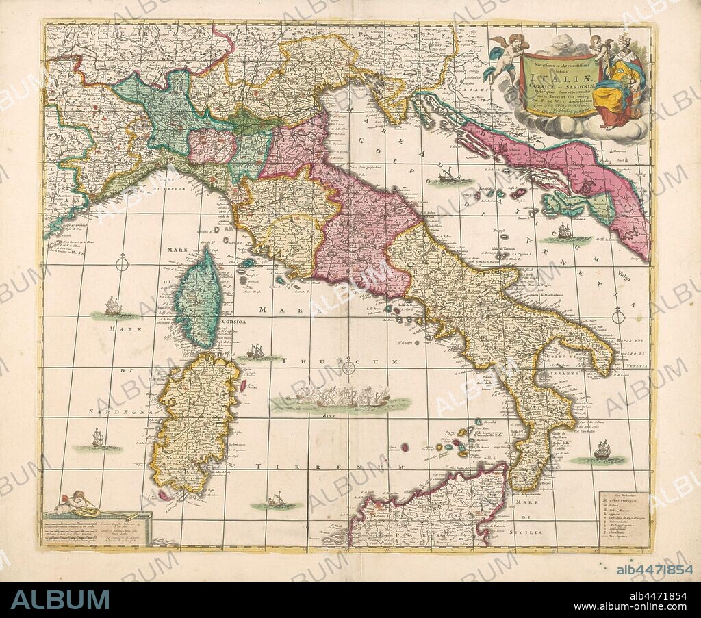 Cartography in the Netherlands, map of Italy, Map of Italy, bordered in yellow, areas colored. R.b. with inscription 2 putti and allegorical queen, r.o. legend, l.o. scale in German, French and Italian or English miles, then putti with cartographic instruments. Mountains signed and ships at sea. Three compass roses, l.o, m.o. and r.m. (1: 2.5 million.). Inscription, r.b .: Novissima et accuratissima / totius / ITALIAE, / CORSICAE et SARDINIAE. Signed, r.b .: Per F. DE WITT. Amstelodami., Frederik de Wit, Amsterdam, 1650 - 1700, paper, engraving, h 48.8 cm × w 56.7 cm.