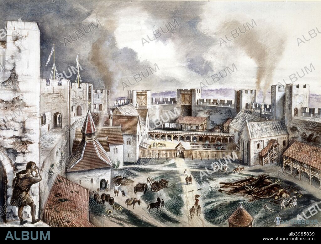Framlingham Castle, 13th century, (c1960s)  Reconstruction drawing as it might have appeared in the 13th Century.   An early motte and bailey castle was built in Framlingham by 1148, destroyed by Henry II of England in the aftermath of the revolt of 1173-4. Its replacement, constructed by Roger Bigod, the Earl of Norfolk,  a curtain wall with thirteen mural towers, was successfully taken by King John in 1216 after a short siege. By the end of the 13th century, Framlingham had become a luxurious home, surrounded by extensive parkland used for hunting.
