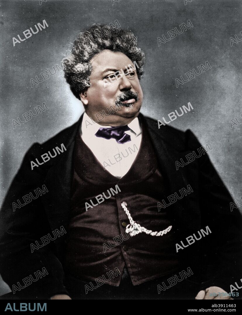 Alexandre Dumas the Elder, French novelist and playwright, c1850-1870. Dumas (1802-1870) was the author of popular historical adventure classics including The Man in the Iron Mask, The Three Musketeers and The Count of Monte Cristo. (Colorised black and white print).