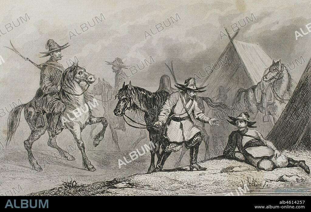 Rusia. Grupo étnico Kirguiz. Grabado por Lemaitre, Vernier y Chaillot. Historia de Rusia por Chopin. Panorama Universal, edición española de 1839.