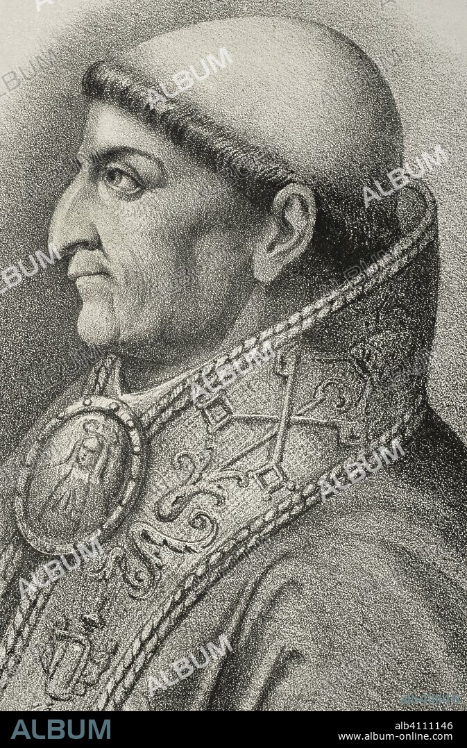 Francisco Jiménez de Cisneros, conocido por Cardenal Cisneros (1436-1517). Cardenal, arzobispo de Toledo, Primado de España y tercer Inquisidor General de Castilla. Litografía. Retrato, detalle. Crónica General de España, Historia Ilustrada y Descriptiva de sus Provincias. Castilla-La Nueva, 1869. Biblioteca Histórico Militar de Barcelona, Cataluña, España.