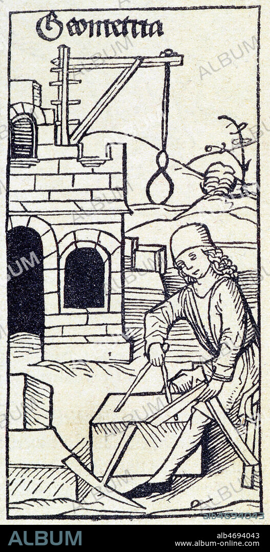 Geometre utilisant un compas et une equerre, gravure sur bois du XVeme siecle. Construction d'une cathedrale au moyen-age. Credit Collection Kharbine Tapabor.