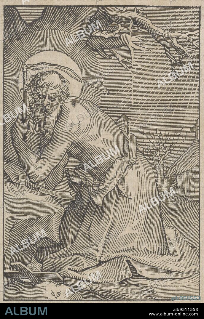 Saint Simeon Stylites the Elder as Hermit S. Simeon Stylita , print maker: Christoffel van Sichem (II), (mentioned on object), Abraham Bloemaert, publisher: Pieter Jacobsz. Paets, Amsterdam, 1644, paper, letterpress printing, h 155 mm × w 105 mm.