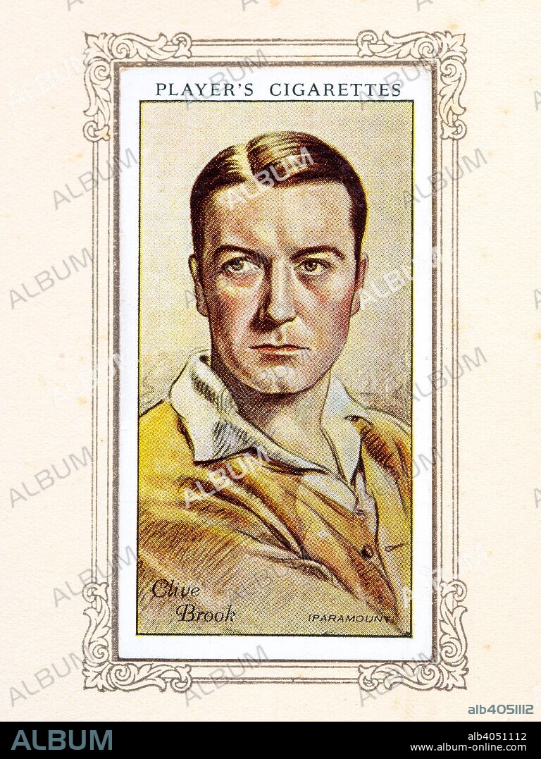 Clive Brook, 1934. Clive Brook (born Clifford Hardman Brook, 1 June 1887 - 17 November 1974) was a British film actor. From An Album of Film Stars; Second Series issued by John Player & Sons. [Imperial Tobacco & Co Ltd, 1934].
