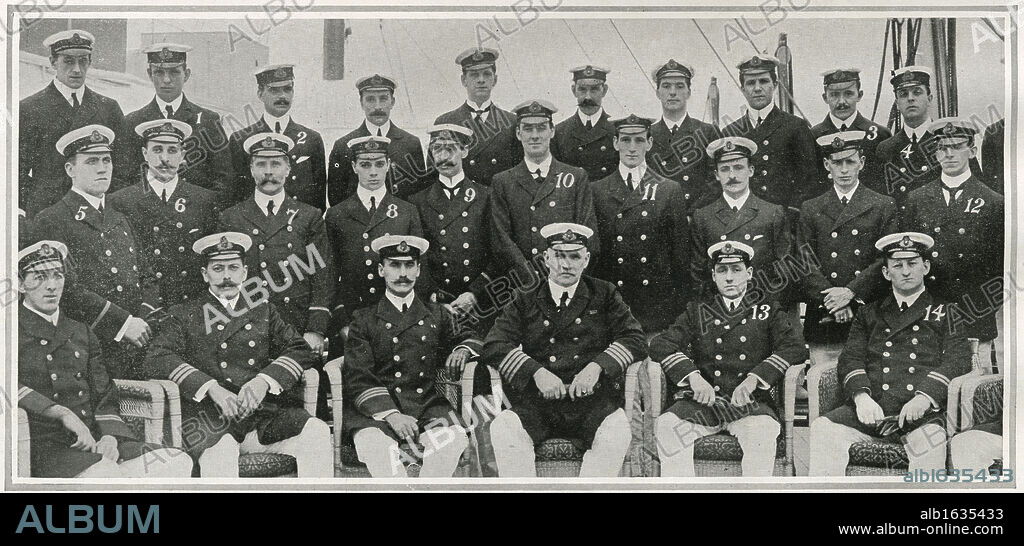 Titanic Engineers. Photograph of Titanic's engineers, including 14 of the lost officers. The photograph was taken when many of the Titanic's officers were attached to the Olympic. The names of those who were moved to the Titanic and perished with her are: (1) W.D. Mackie, junior fifth; (2) F.A. Parsons, senior fifth; (3) P. Sloan, senior electrician; (4) H. Jupe, assistant electrician; (5) F. Coy, junior assistant third; (6) B. Wilson, senior assistant second; (7) L. Hodgkinson, senior fourth; (8) A. Ward, junior assistant fourth; (9) J. Shepherd, junior assistant second; (10) H. Harvey, junior assistant second; (11) H. Dyer, junior assistant fourth; (12) R. Millar, junior fifth; (13) J. Hesketh, second engineer; (14) G.F. Hosking, senior third. Titanic was built by Harland & Wolff in Belfast Ireland during 1910 - 1911 on the 15th April, 1912, and sank after striking an iceberg off the coast of New Foundland during her maiden voyage from Southampton, England to New York, USA, with the loss of 1,522 passengers and crew. (Photo by Titanic Images/Universal Images Group).
