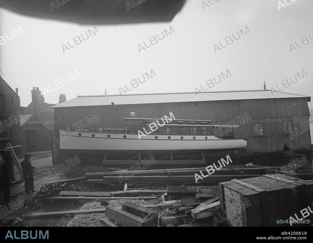 Motor yacht W.G.S.P on slipway at boatyard, 1913.