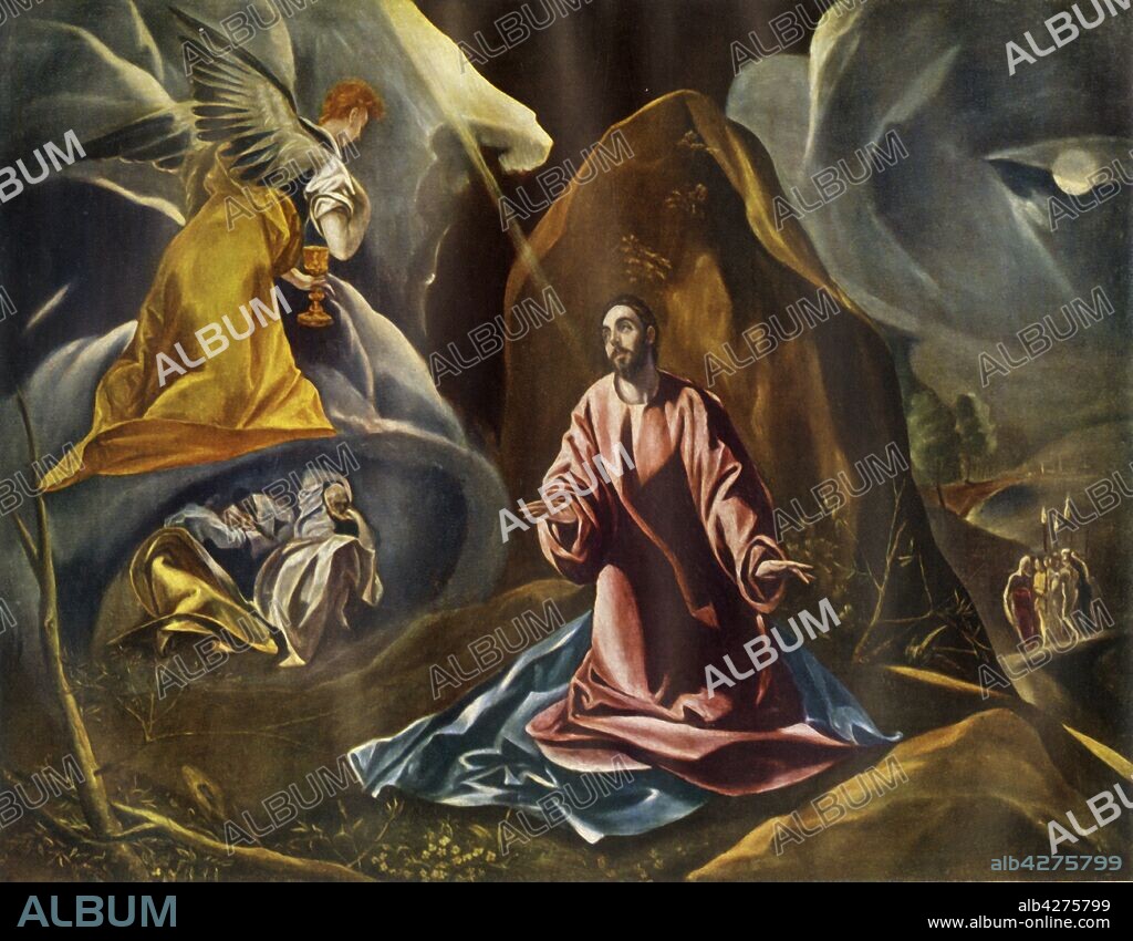 STUDIO OF EL GRECO. 'The Agony in the Garden of Gethsemane', 1590s, (1946). An angel appears to the kneeling Christ. In the background are the sleeping apostles, while on the right, Judas approaches with soldiers. Painting in the National Gallery in London. From "Spanish Painting" by Philip Hendy. [Avalon Press & Central Institute of Art and Design, London, 1946].