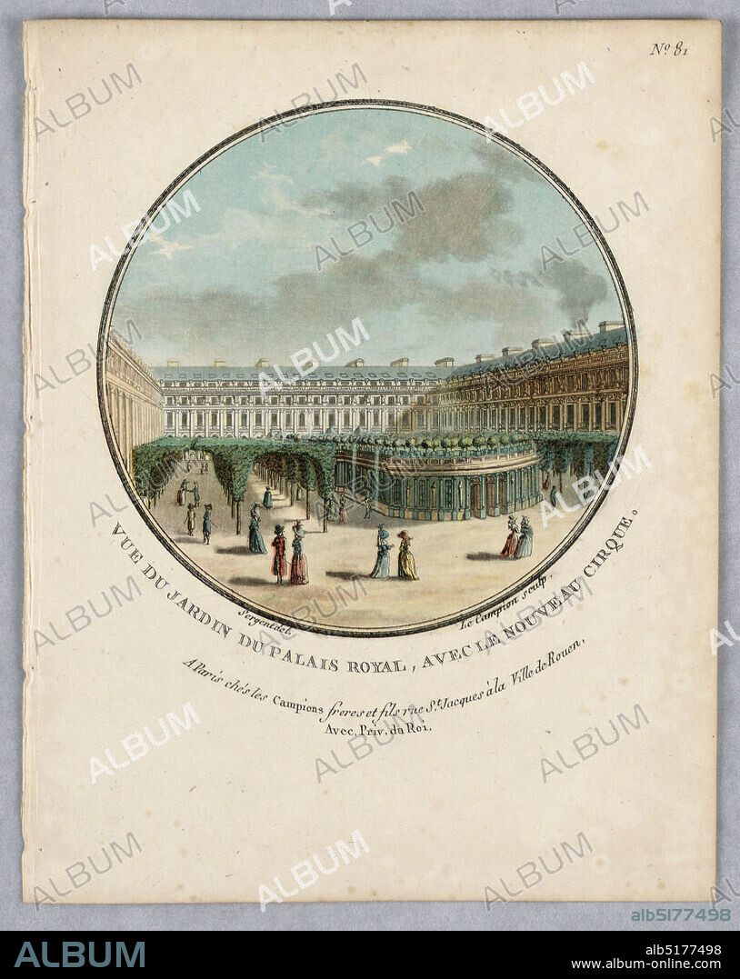 Garden of the Palais Royal, Plate 81 from 'Vues Pittoresques des Principaux Édifices de Paris', Les Campion Frères, Paris, France, J. A. Campion, French, active 1750 - 1800, Antoine-Louis-François Sergent-Marceau, French, 1751 - 1847, Engraving and brush and watercolors on paper, Title, artists' and publisher's names below., Europe, Paris, France, 1792, Print, Print.