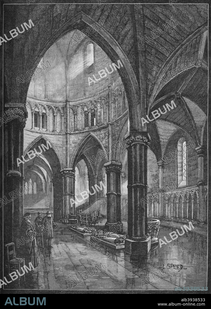 Interior of the Temple Church, London, 1905. The church was built as the English headquarters of the Knights Templar in the late 12th century. From Cassell's Illustrated History of England, Vol. I. [Cassell and Company, Limited, London, Paris, New York & Melbourne, 1905].