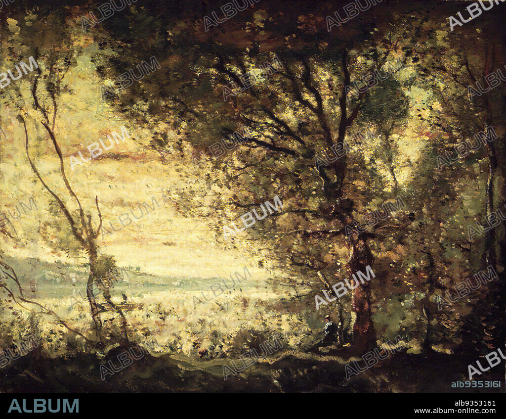 Sunset on the Mystic River, Connecticut, Henry Ward Ranger, American, 1858-1916, Oil on canvas, Connecticut, United States, 1915, 28 1/16 x 35 7/16 in., 71.3 x 90 cm, american, eerie, landscape, Mystic River, Connecticut, oil, oil painting, painting, shadowy, sunset, trees.