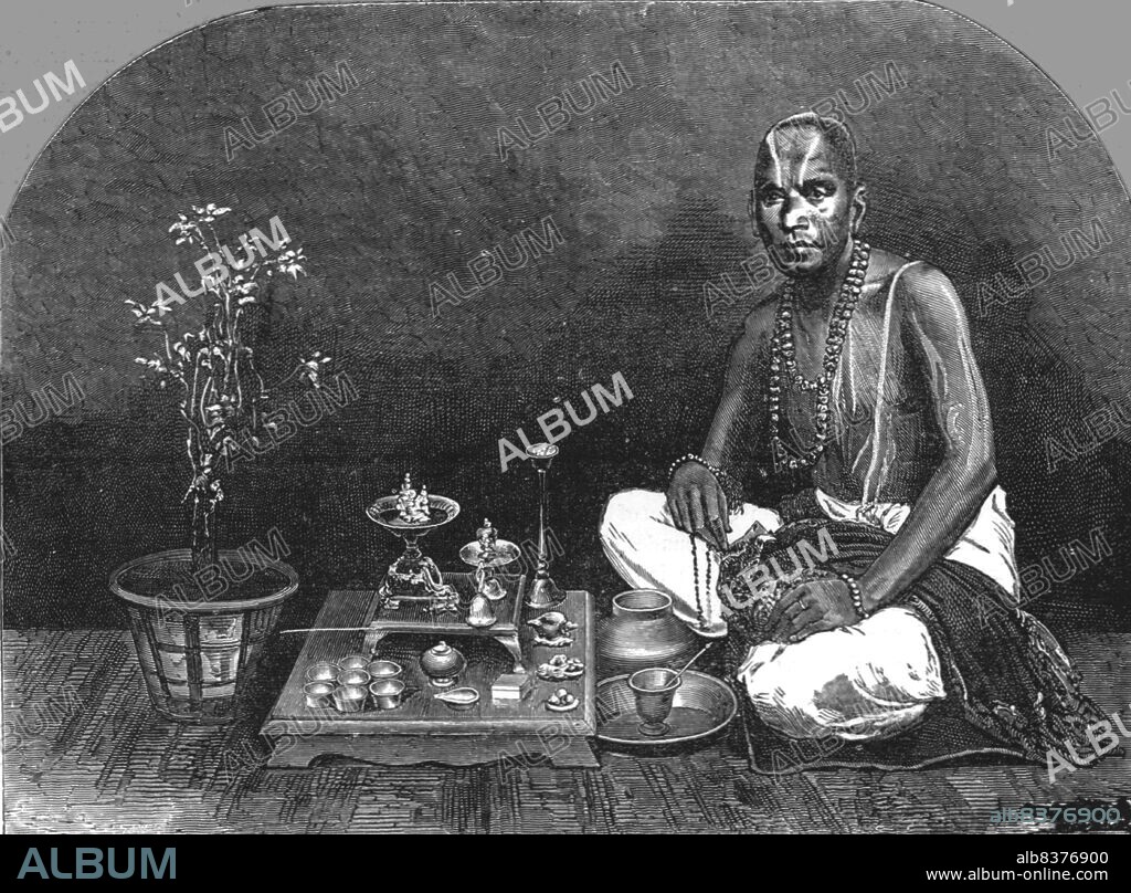 C. B. LOW. 'Brahmin at Prayer; Bombay and the Malabar Coast', 1875. [Indian man performing Hindu prayers]. [From, 'Illustrated Travels' by H.W. Bates. [Cassell, Petter, and Galpin, c1880, London] Belle Sauvage Works.London E.C.