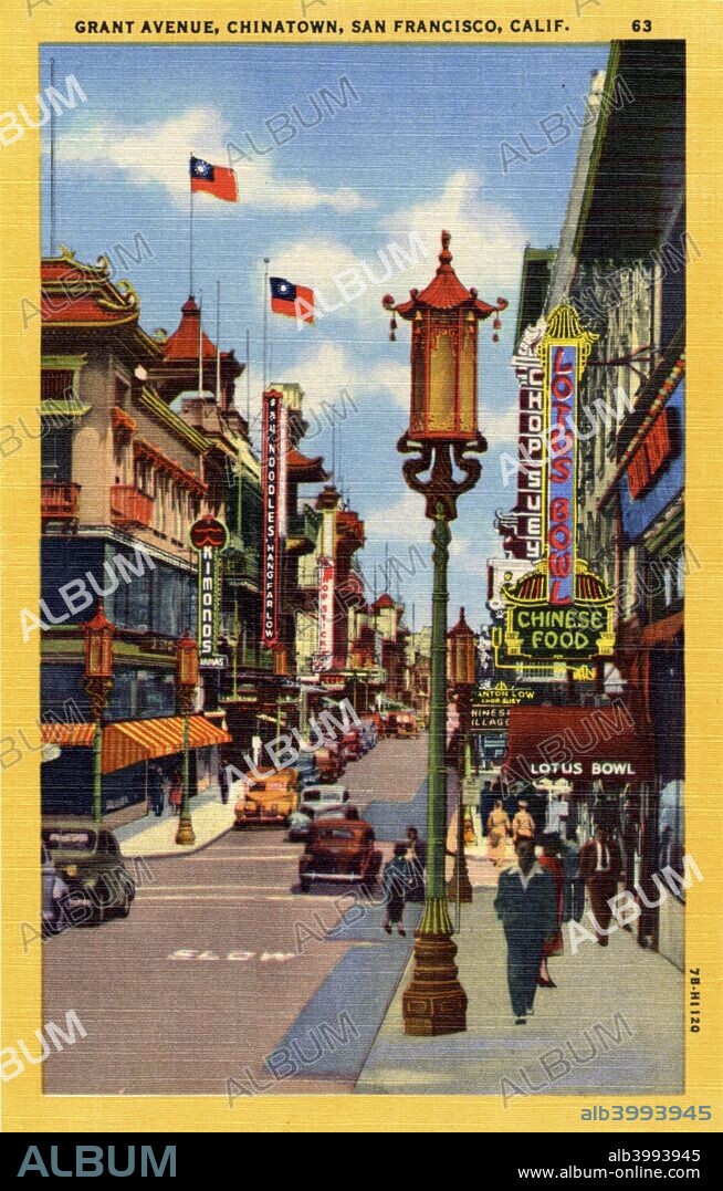 Grant Avenue, Chinatown, San Francisco, California, USA, 1947. Vintage linen postcard. The neon sign for the Lotus Bowl restaurant is visible on the right. Cars are on the street and pedestrians are walking along the sidewalks. Oriental style architecture is very prominent. Established by immigrants in the 1840s, San Francisco's Chinatown is the largest in North America and is one of the biggest Chinese communities outside Asia.