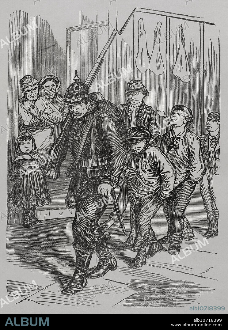 Guerra Franco-Prusiana (1870-1871). El 1 de marzo de 1871 el ejército prusiano entró de manera simbólica en París, aunque las tropas la abandonaron posteriormente. El último alemán en París. Grabado. "Historia de la Guerra de Francia y Prusia". Tomo II. Publicado en Barcelona, 1871.