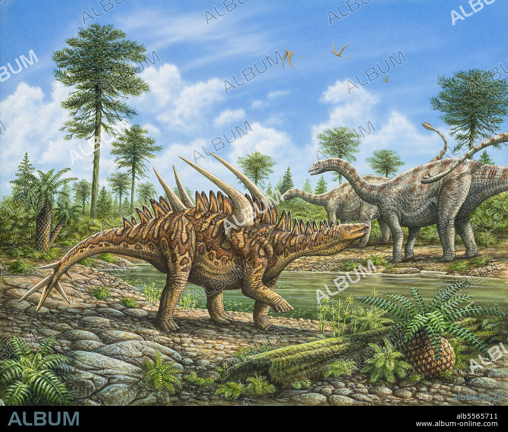A Gigantspinosaurus and pair of Shunosaurus dinosaurs share a watering hole.