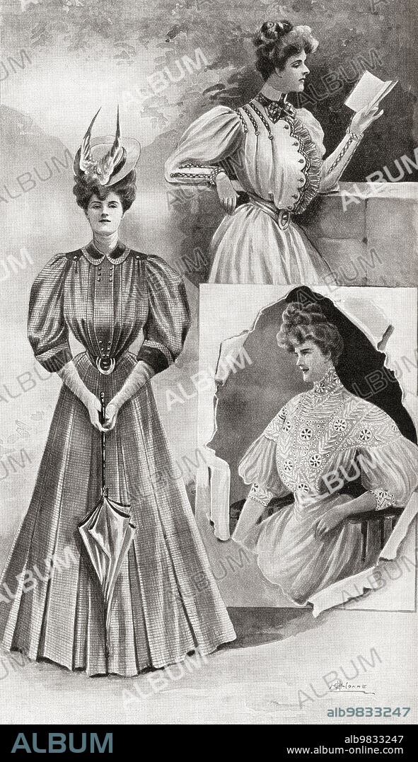 Early 20th century fashion advertisement for dresses for dull days. A chic coatee, Tailor-made jupe, A knockabout costume. From The World and his Wife, published 1906.