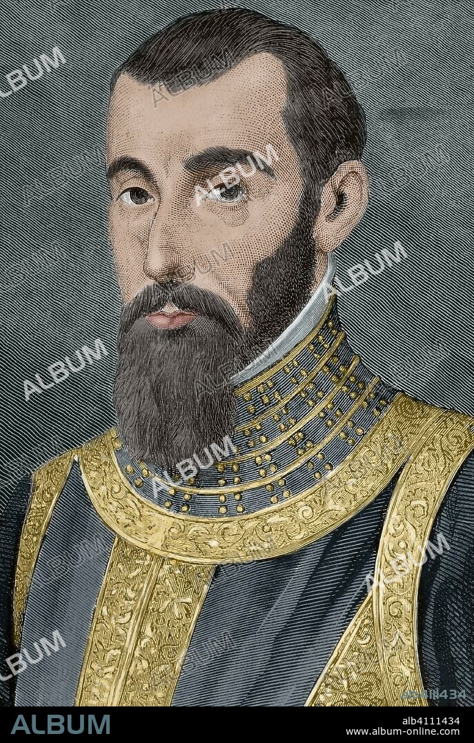 Pedro de la Gasca o Pedro de Lagasca (Navarregadilla, 1485-Sigüenza, 1567). Sacerdote, funcionario, diplomático y militar español. Asignado en 1546 presidente de la Real Audiencia de Lima con la misión de acabar con la rebelión de Gonzalo Pizarro en el Virreinato del Perú. De ahí el apelativo de "el Pacificador". Grabado. Detalle. La Ilustración Española y Americana. 22 de Agosto de 1876. Coloreado.
