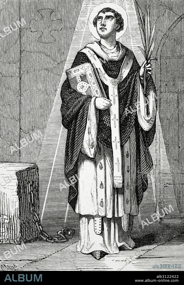 SAN VALENTIN (siglo III). Referido a uno de los tres santos mártires, de existencia discutida, que vivieron en la antigua Roma. Grabado por Cibera. Año Cristiano, 1853.