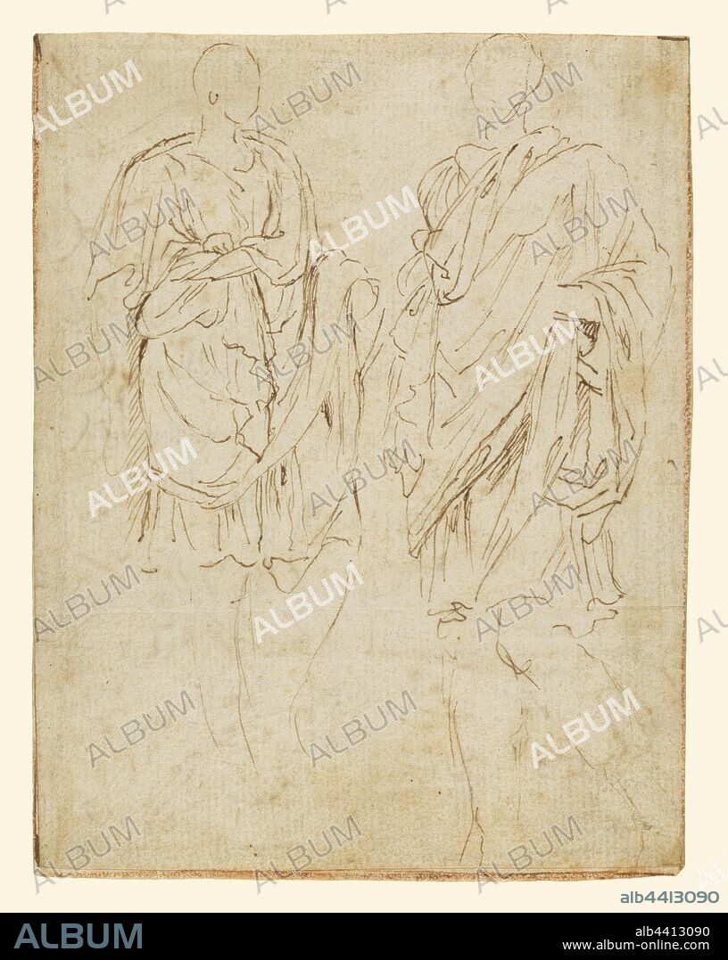 Two Studies of an Ancient Statue (recto), Scylla and a Centaur (verso), Nicolas Poussin (French, 1594 - 1665), about 1645, Pen and brown ink, with some later red chalk framing lines, 16.2 x 12.5 cm (6 3/8 x 4 15/16 in.).
