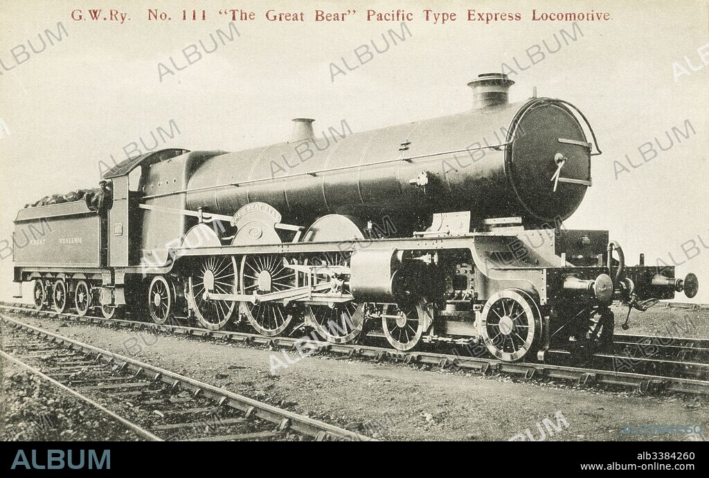 Loocmotive no 111: "The Great Bear" 4-6-2 Pacific Type Express engine, built 1908. It was the first 4-6-2 (Pacific) locomotive used on a railway in Great Britain and the only one of that type ever built by the GWR. "The Great Bear", renamed "Viscount Churchill" in 1924.