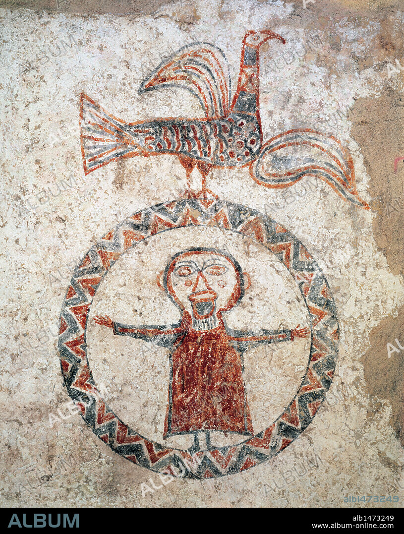 Pre Romanesque art. Spain. 10th Century. Prayerful. Male figure with a beard, robe and arms extended inside a circle decorated with zig-zag. Over the circle there is a peacock. Mural painting in the central apse of the church of Sant Quirze de Pedret.  Diocesan and Comarcal Museum of Solsona. Catalonia.