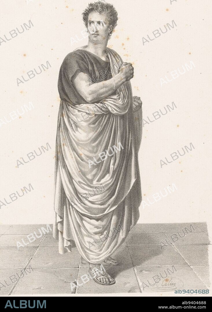 Portrait of Desmousseaux as Roscius in the tragedy Sylla Desmousseaux Portraits of actors of Parisian theaters , print maker: Alexandre Marie Colin, (mentioned on object), printer: Charles Etienne Pierre Motte, (mentioned on object), publisher: Francisique Noël (et Cie.), (mentioned on object), Paris, 1823 - 1824, paper, h 420 mm × w 290 mm.