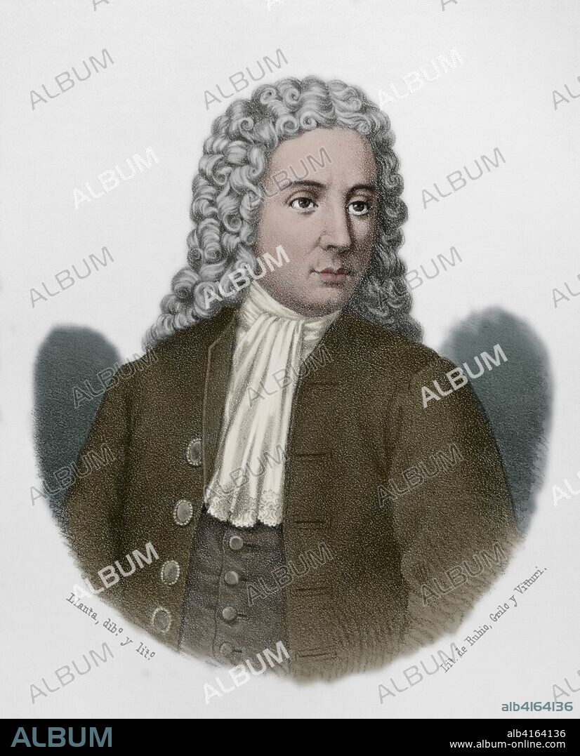 Rafael Mox de Gerona. Médico español del siglo XVII, que escribió un libro sobre las enfermedades de las mujeres. Dibujo por Llanta. Litografía coloreada. Crónica General de España, Historia Ilustrada y Descriptiva de sus Provincias. Cataluña, 1866.