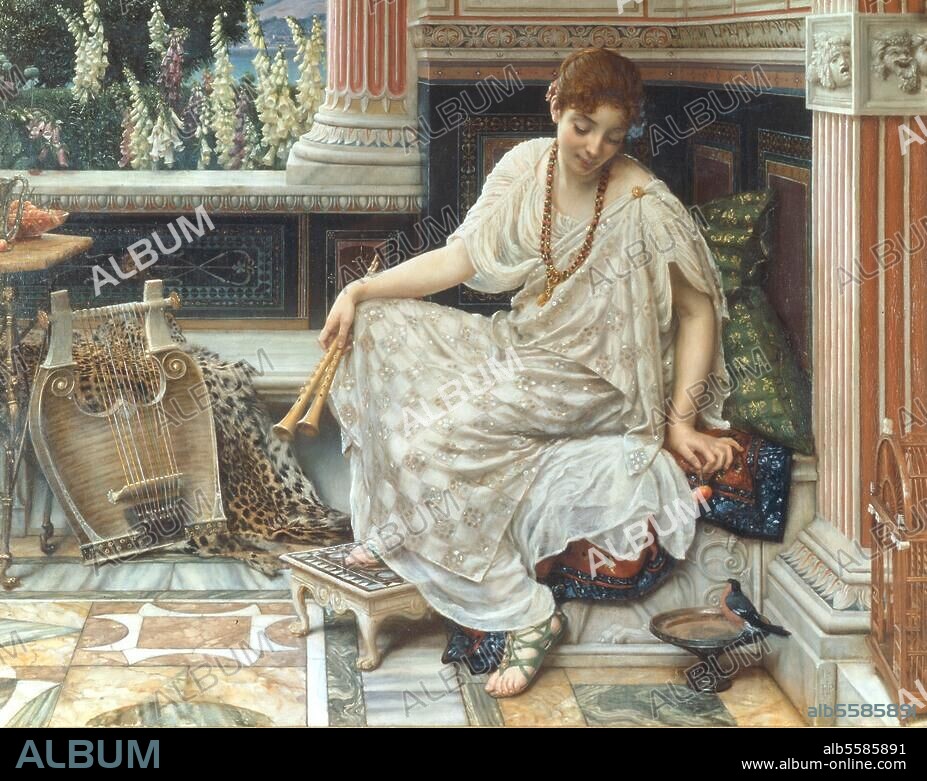 Poynter, Sir Edward John 1836-1919. "Chloe, Dulces Docta Modos et Citharae Ciens", 1893. (From Horace, "Odes", Book 3, no. 9: Chloe skilled in sweet measures & mistress of the lyre). Oil on canvas, 71 × 91.5cm. London, Sotheby's. Lot 57, 18/06/85.