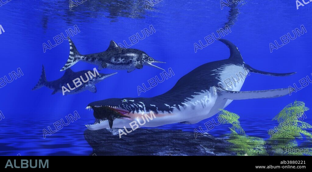 An Ichthyosaur becomes prey for an enormous Liopleurodon marine reptile in Jurassic seas.