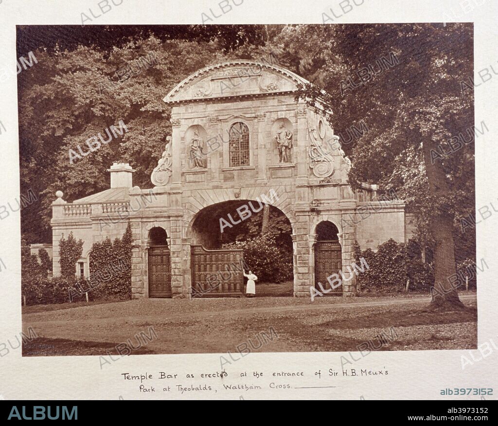 View of Temple Bar, Theobalds Park, Cheshunt, Hertfordshire, c1895. Originally one of the gates into the City of London, in the late 19th century it was dismantled and moved to Theobalds Park, belonging to Sir Henry Meux. Over a hundred years later it was moved back to London again and re-erected as an entrance to the Paternoster Square redevelopment near St Paul's Cathedral. It opened to the public in 2004.