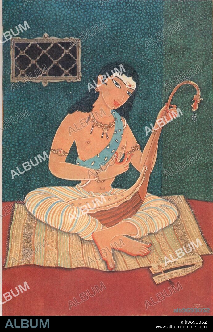 india: Instrument - Yal - music - Hindu belief - Hindu - Hinduism - art - Himalayan Academy art - musician - song - bhajan - devotee - worship - devotion - Artist S. Rajam - ola leaf - palm leaf - mat - smile - harmony - saivite - Shakti - bilva - temple - traditional - Devi - Goddess - Parvati - India - Indian art - Hindu art - religion - Hindu religion.