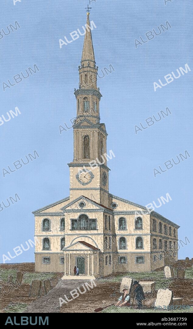 Iglesia Bautista de Providence, Rhode Island, Estados Unidos, en el siglo XVIII. Fue la primera iglesia bautista que llegó al continente americano, fundada por Roger Williams en 1639 en Rhode Island. Grabado del año 1837. Coloreado.