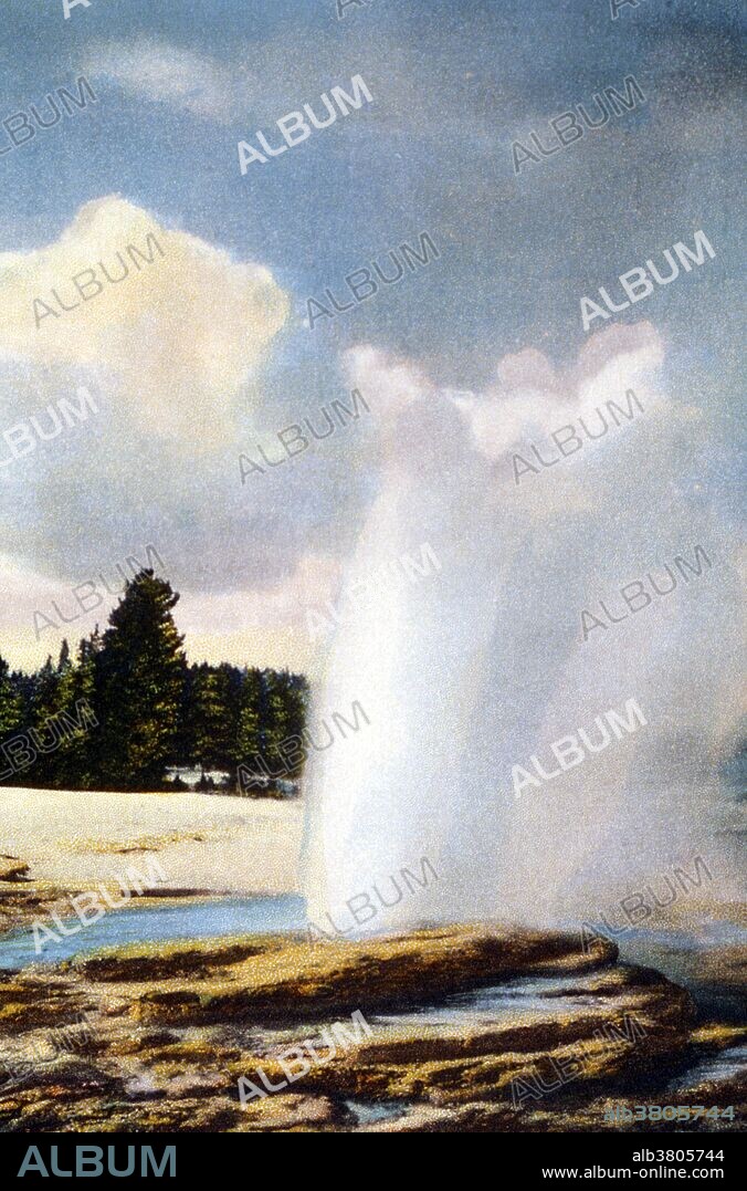 Postcard of Lakeshore Geyser photographed by Asahel Curtis, 1928. The Lakeshore Geyser is located in the West Thumb Geyser Basin. Accounts from the 1920s and 1930s tell of Lakeshore Geyser erupting up to 50 feet. The smaller of the two geyser vents is generally not exposed until mid to late August. Although Lakeshore Geyser boils vigorously and almost continuously, and often erupts a few feet, its last known major eruption was in 1970. One day, however, earthquake activity or other processes may cause the geyser to gain energy and begin erupting more forcefully again. Yellowstone National Park is a national park located primarily in the state of Wyoming, although it also extends into Montana and Idaho. It was established by Congress and signed into law by President Ulysses S. Grant on March 1, 1872.